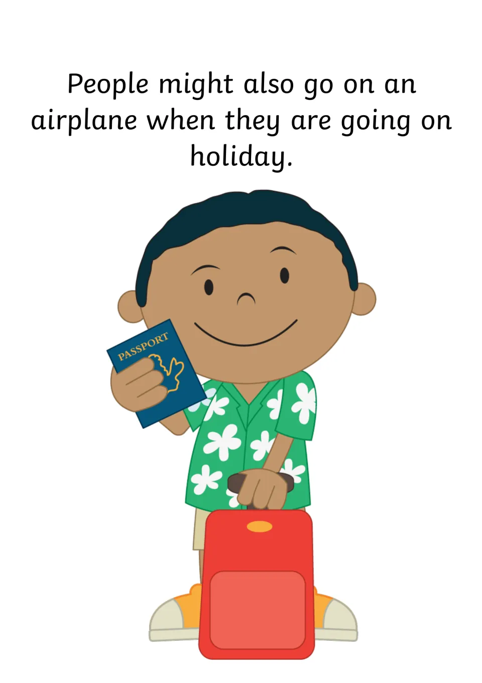 Social story page 4 explains flying for a vacation and shows a traveler holding a passport and suitcase.