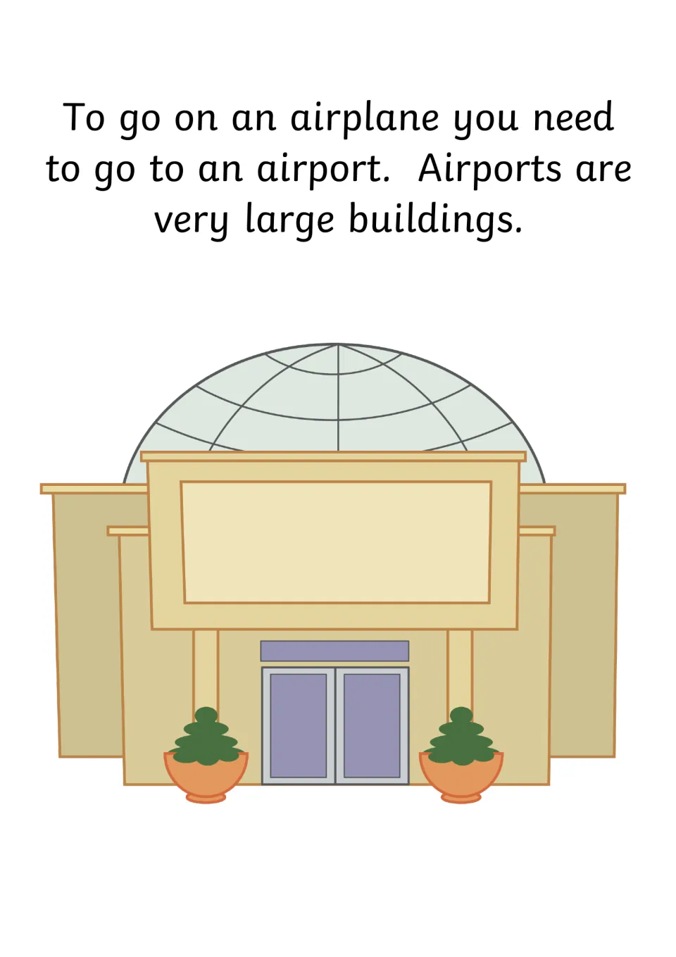 Social story page 5 explains that taking an airplane requires going to an airport, a very large building.