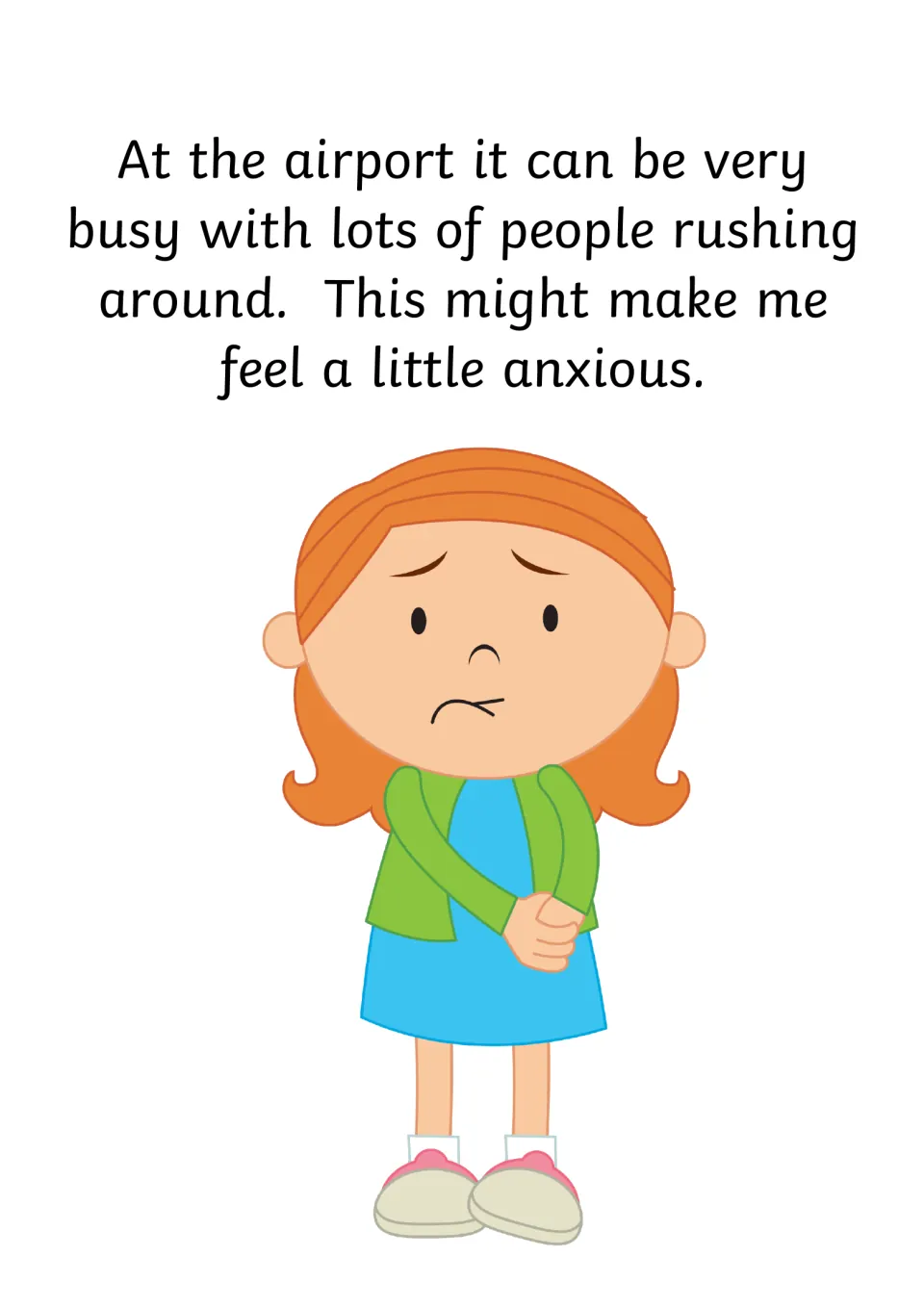 Social story page 6 describes a busy airport where people rush around and the narrator may feel anxious.