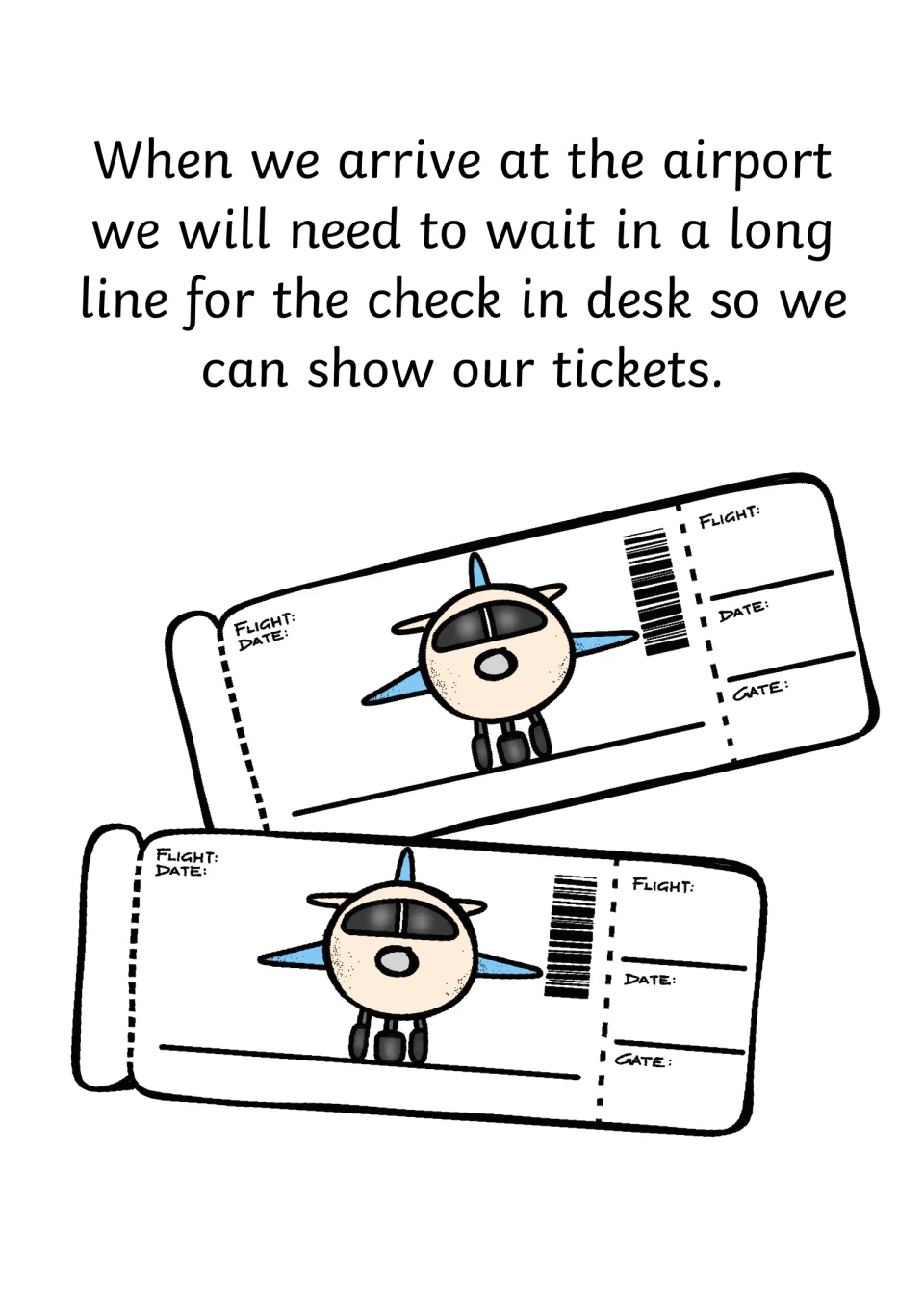 Social story page 8 describes waiting in a long line at the airport check-in desk to show travel tickets.