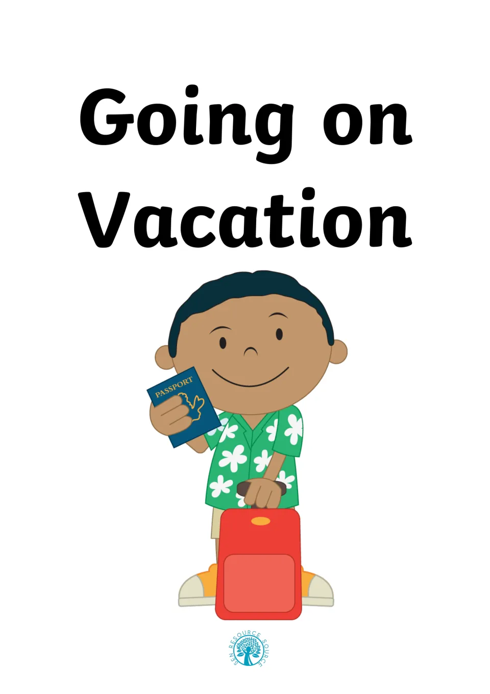 Going on Vacation social story cover: a smiling boy holds up a passport and a red suitcase, ready to travel