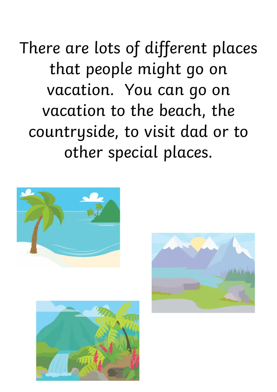 Holiday destinations: text lists the beach, countryside and other special places, with beach, mountain and jungle scenes