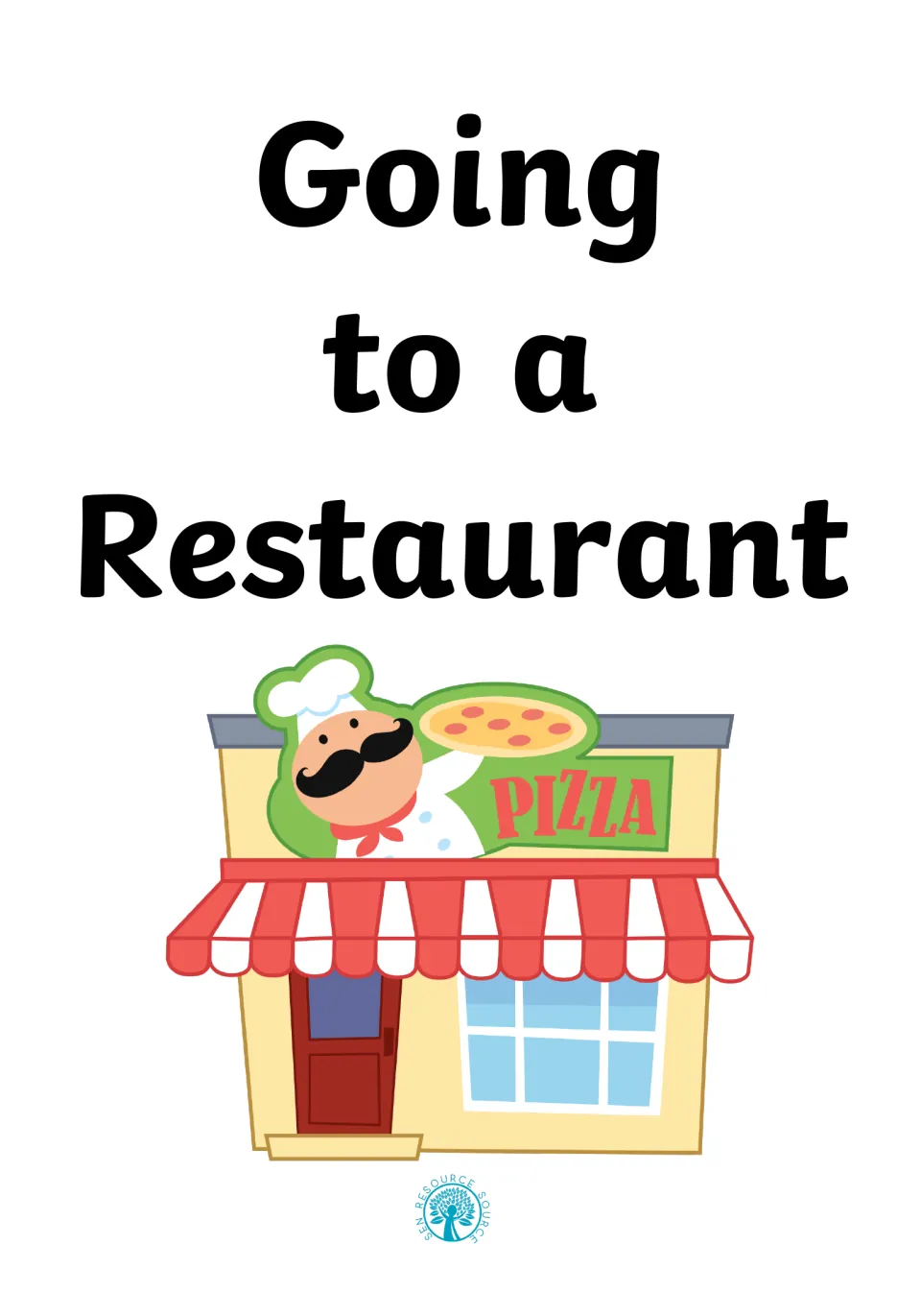 Social story cover titled 'Going to a Restaurant,' illustrated with a pizza restaurant and chef.