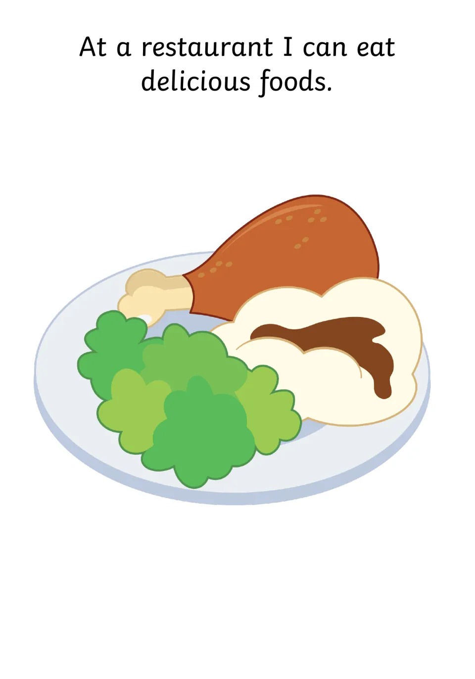 Social story page says 'At a restaurant I can eat delicious foods,' with an illustrated plate of food.