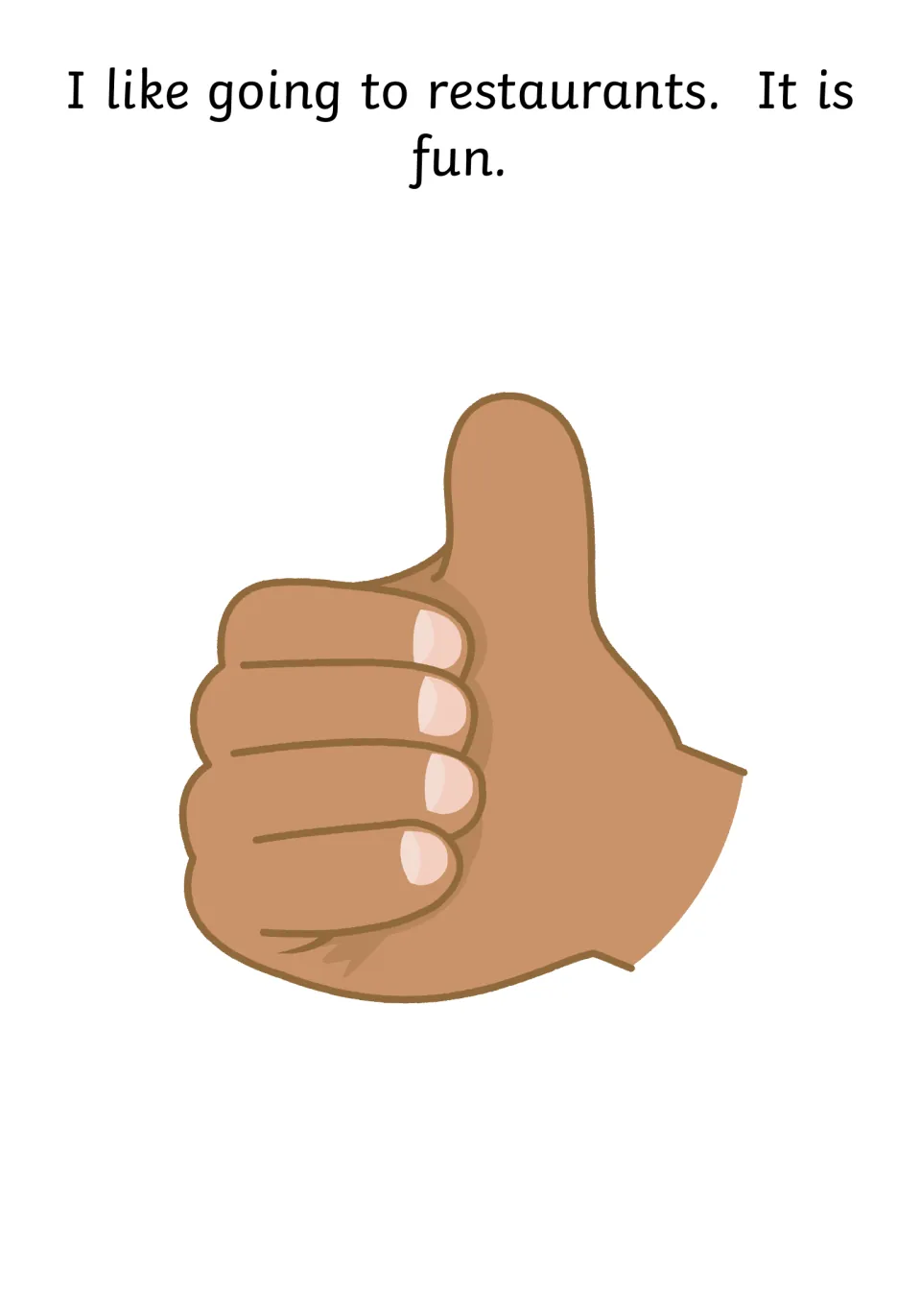 Social story page says 'I like going to restaurants. It is fun,' accompanied by a thumbs-up illustration.
