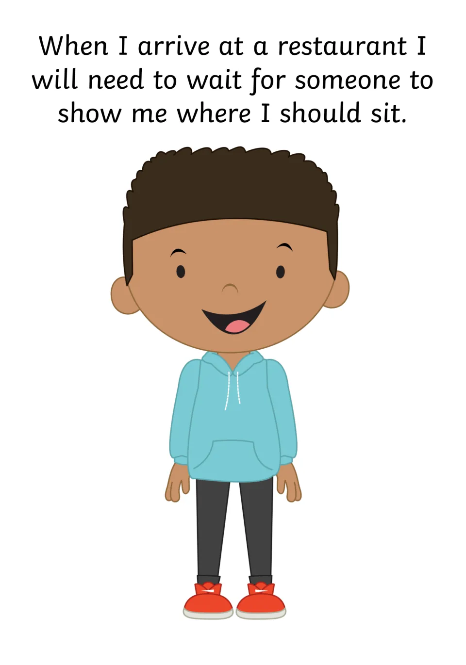 Social story page explains waiting on arrival for someone to show where to sit, illustrated with a child.