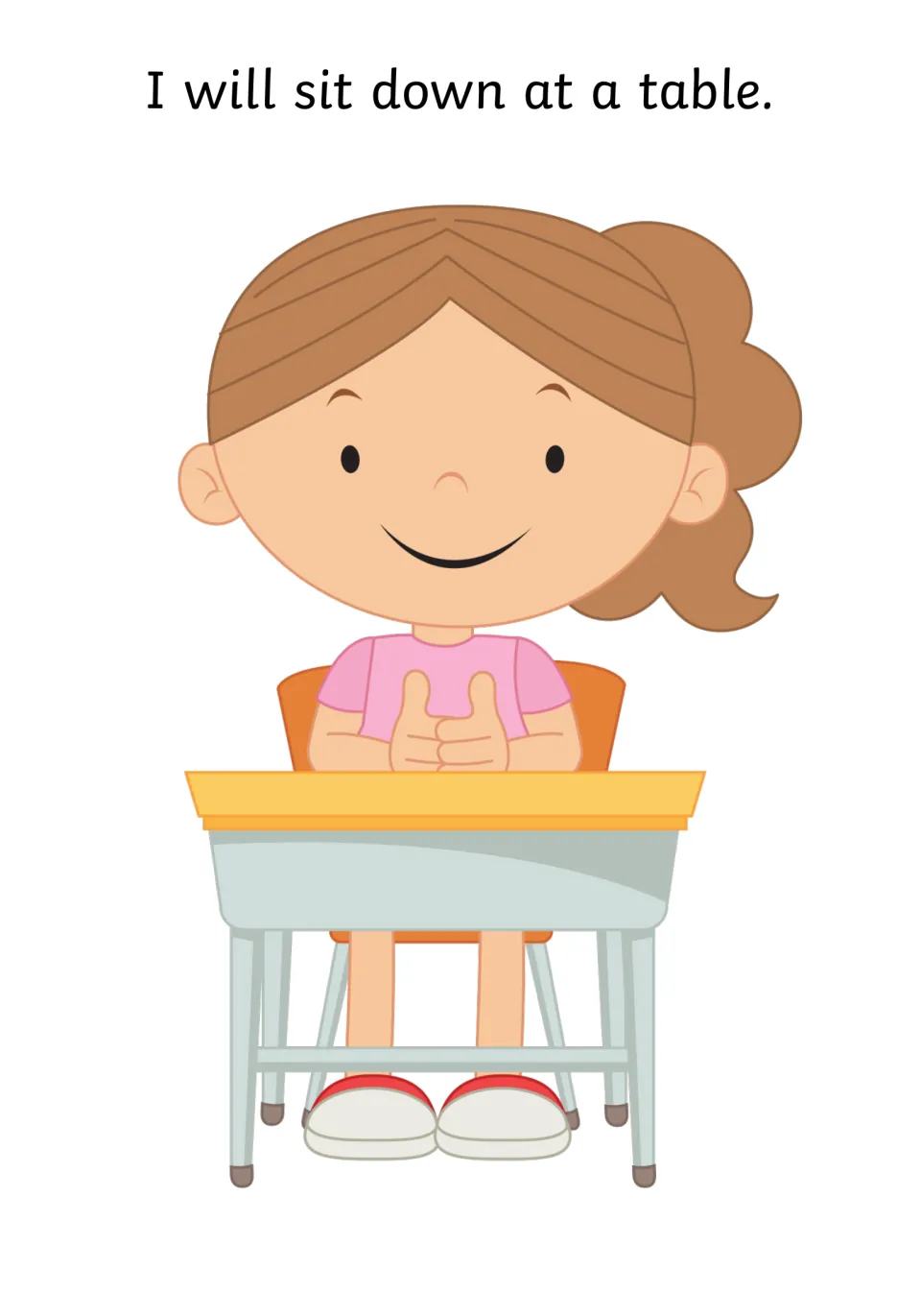 Social story page says 'I will sit down at a table,' illustrated with a child sitting in a chair.