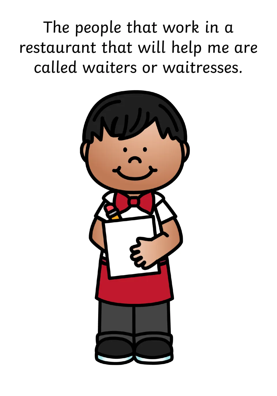 Social story page introduces restaurant helpers as waiters or waitresses, with a server holding a notepad.