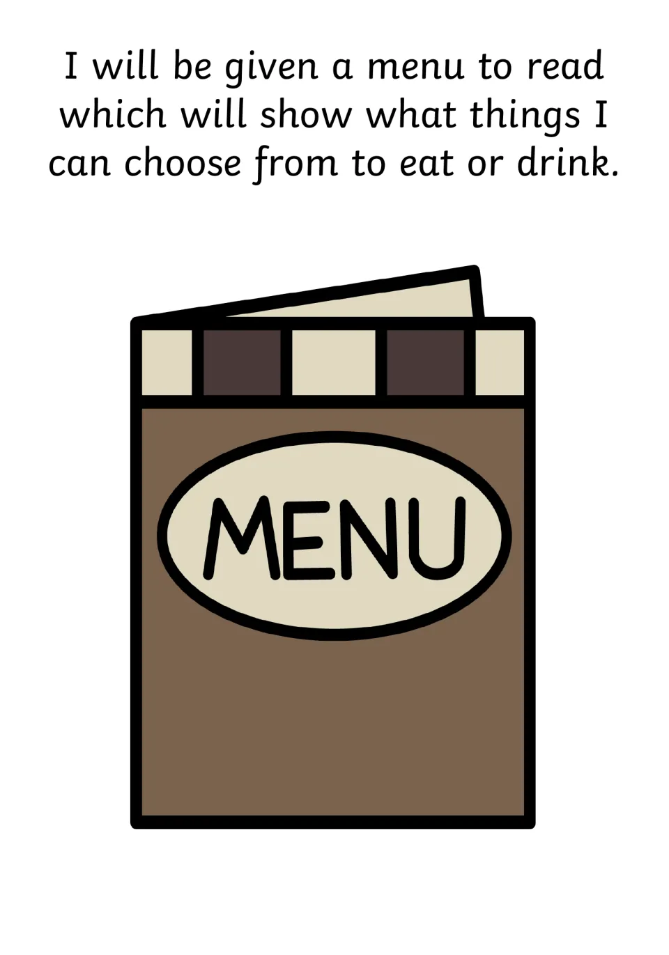 Social story page explains that a menu shows what to choose to eat or drink, with a book labeled 'MENU.'
