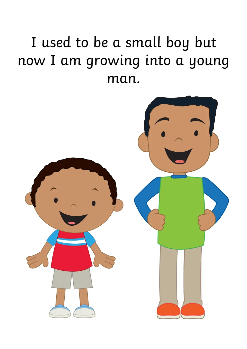 Story page comparing a small boy in a red top with a taller young man, 'I am growing into a young man'
