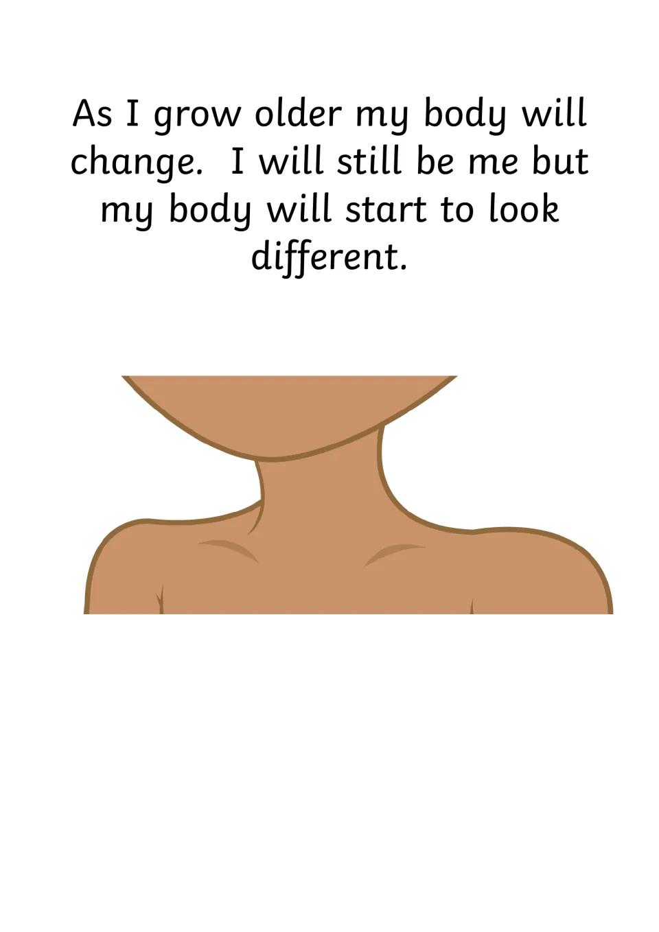 Story page saying the body will change but I will still be me, with a cartoon neck and shoulders shown