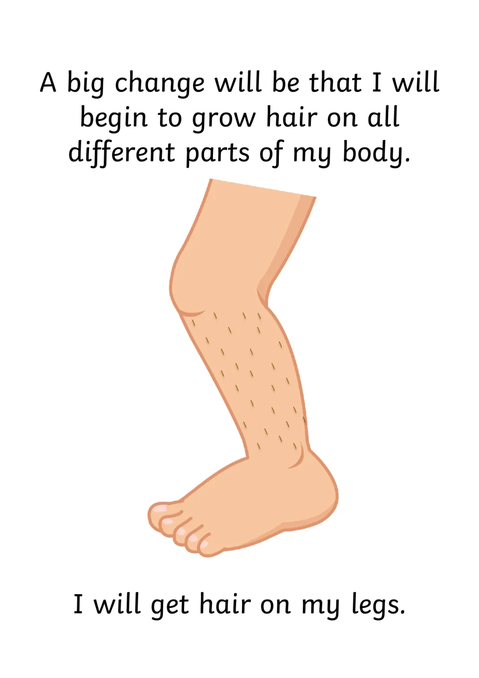 Story page on growing body hair, with a cartoon leg and foot showing leg hair: 'I will get hair on my legs'