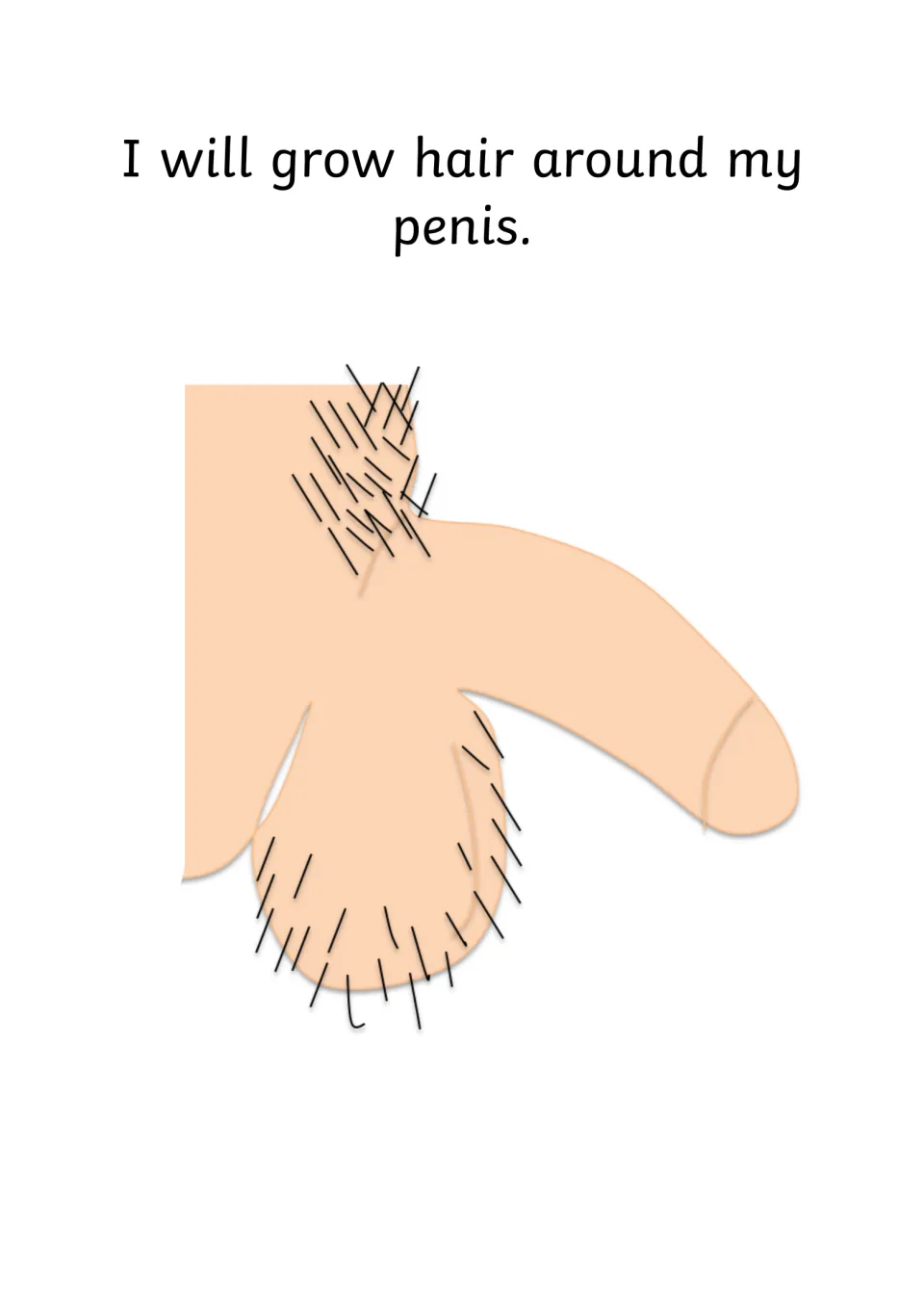 Story page 'I will grow hair around my penis' with a simple cartoon drawing of male genitals and pubic hair