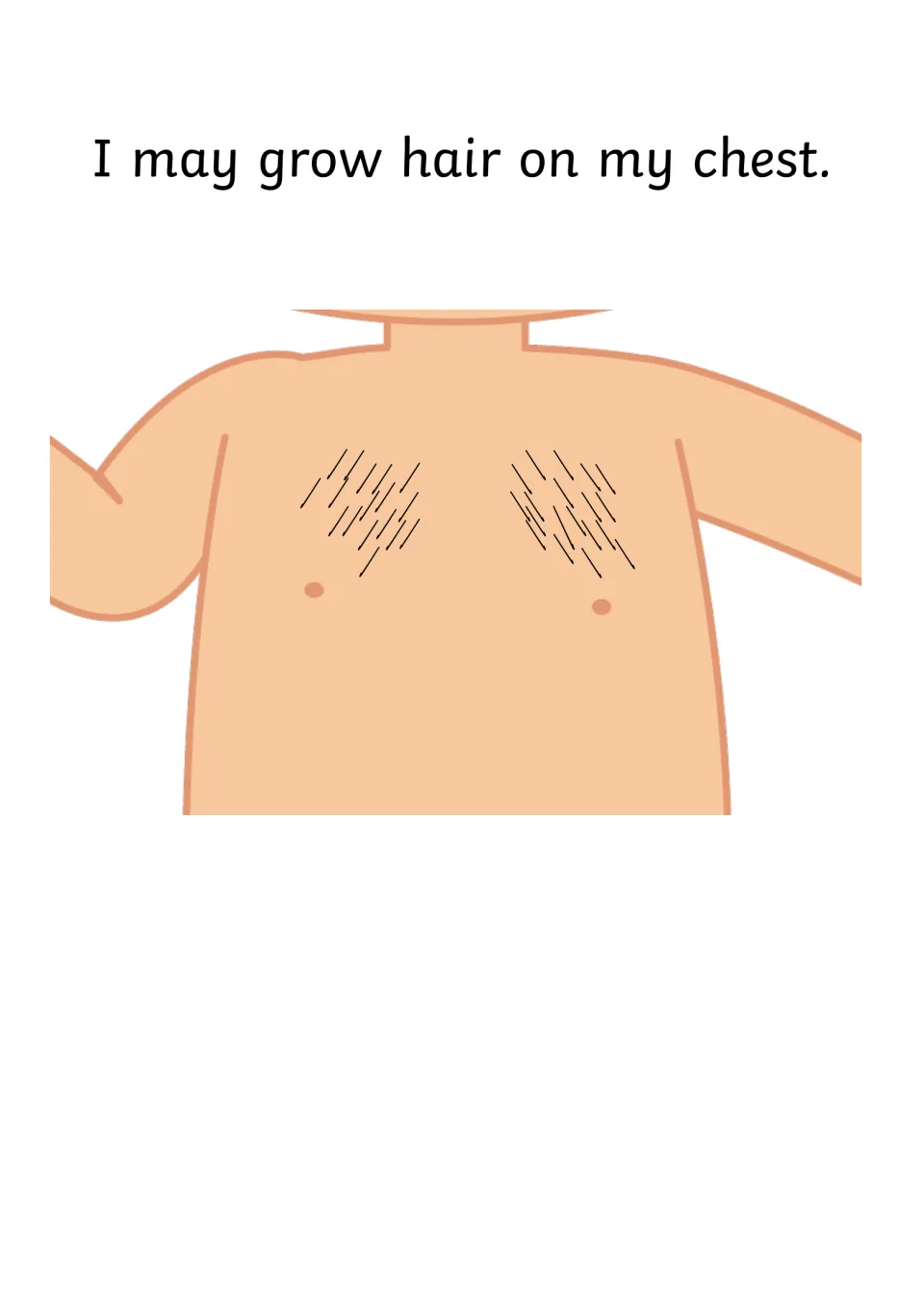 Story page 'I may grow hair on my chest' with a cartoon bare chest showing hair near the nipples