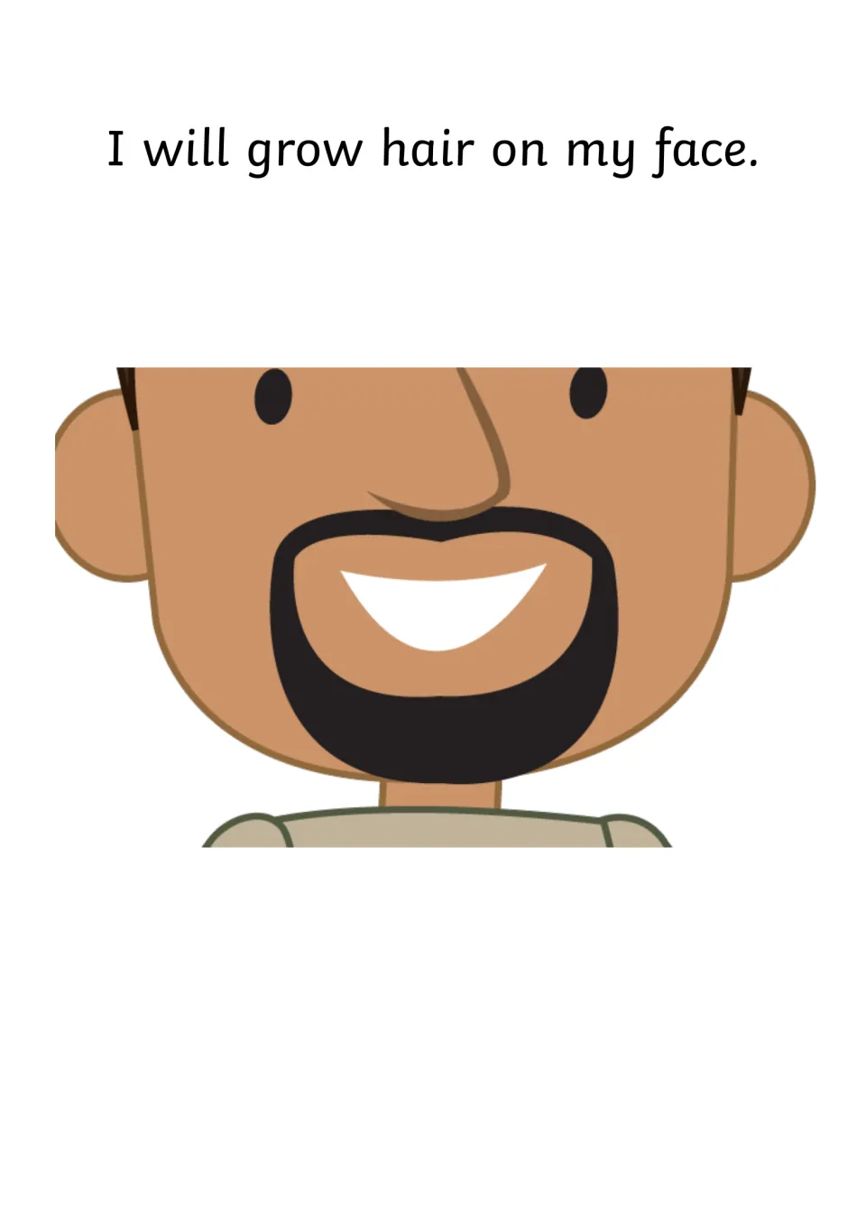Story page 'I will grow hair on my face' with a cartoon smiling man with a black beard and moustache