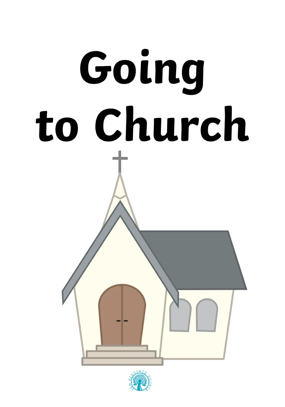 Going to Church social story cover with the title above a drawing of a small church with a steeple, cross and arched door