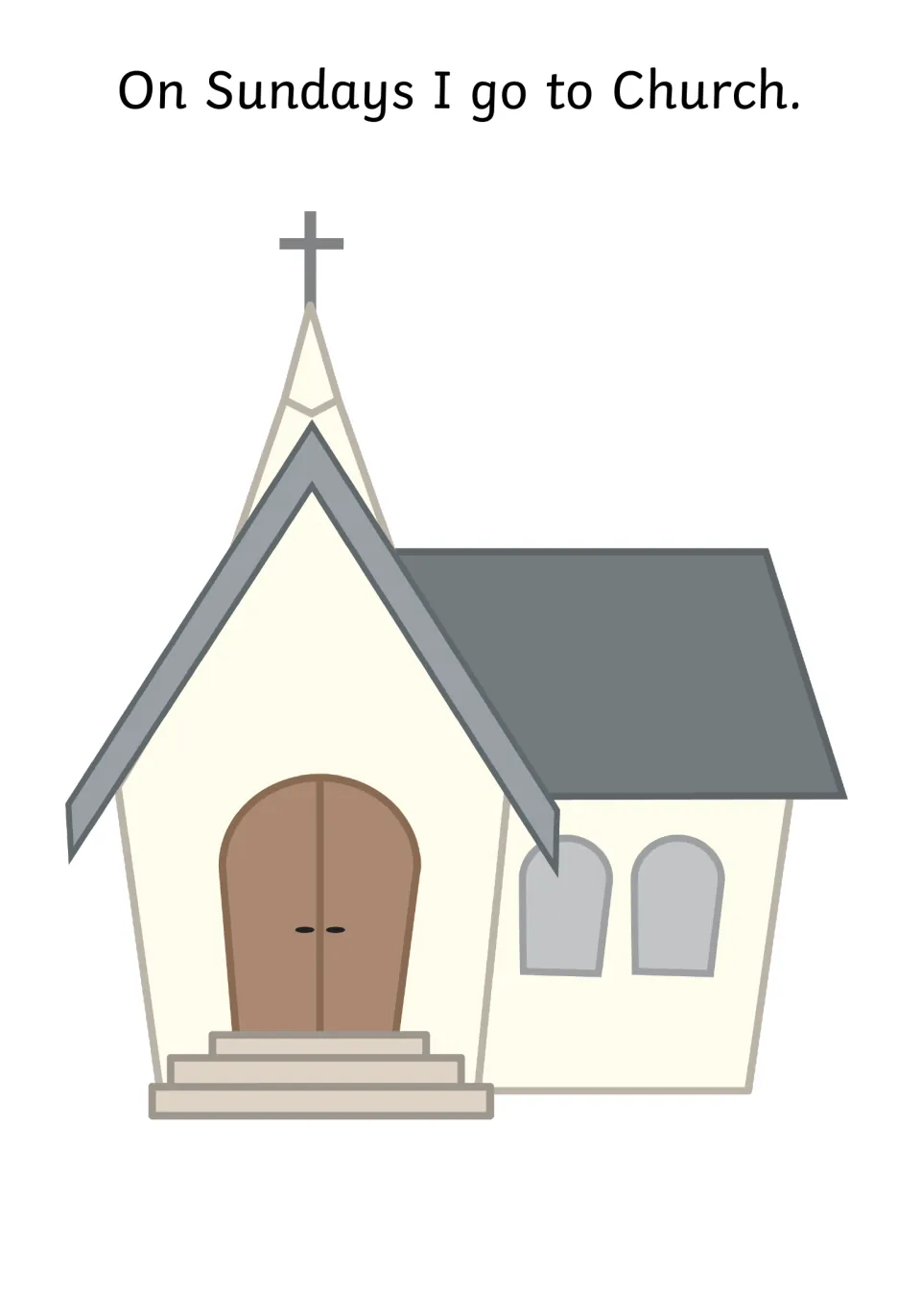 Story page reading On Sundays I go to Church above a drawing of a church building with a cross on its steeple