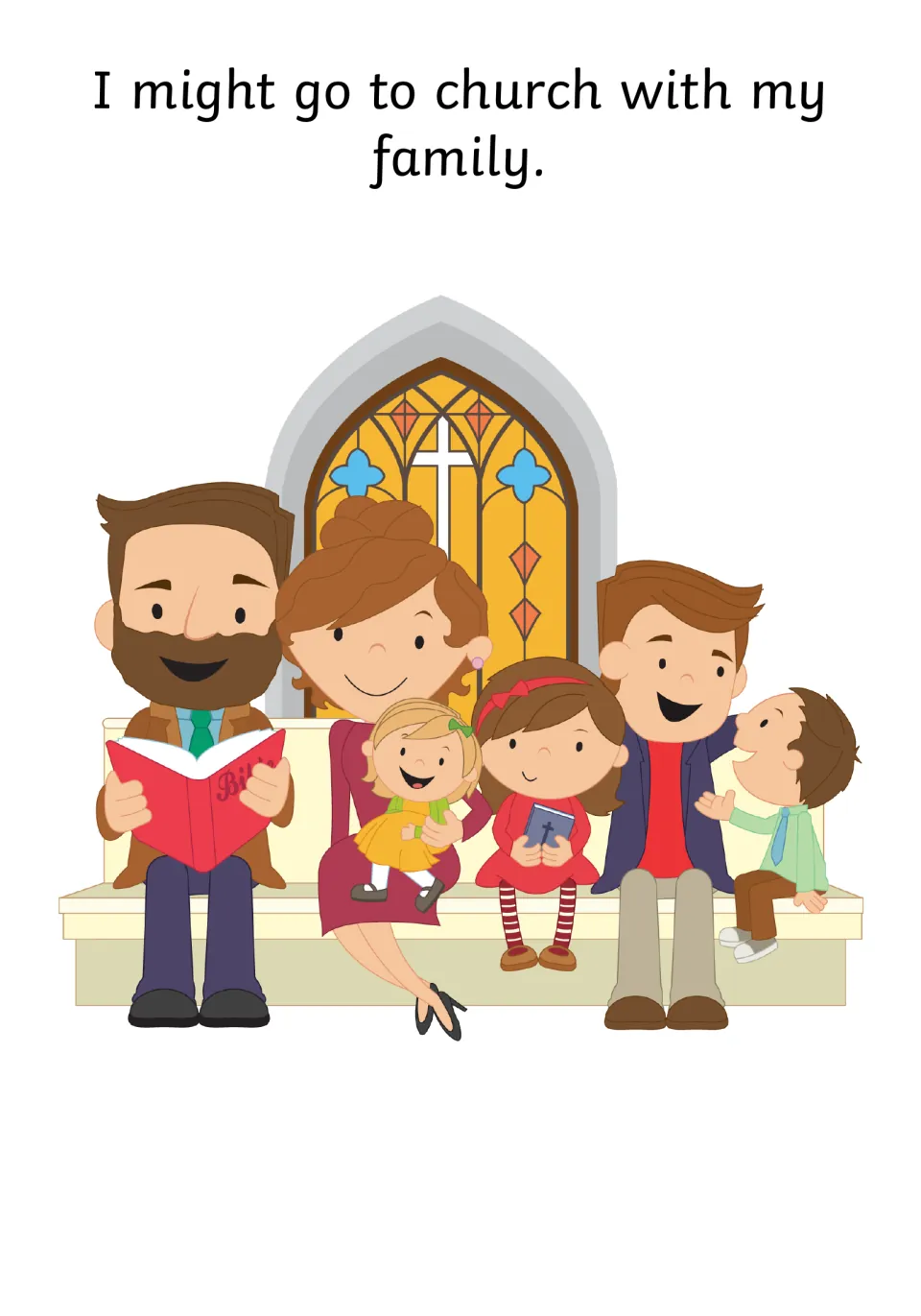 Story page reading I might go to church with my family, showing a family of six seated on a pew by a stained-glass window