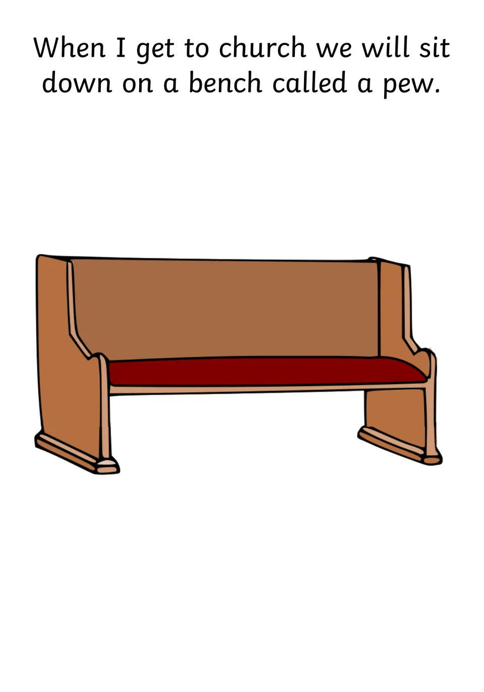 Story page explaining that we sit down on a bench called a pew, with a drawing of a wooden pew with a red seat