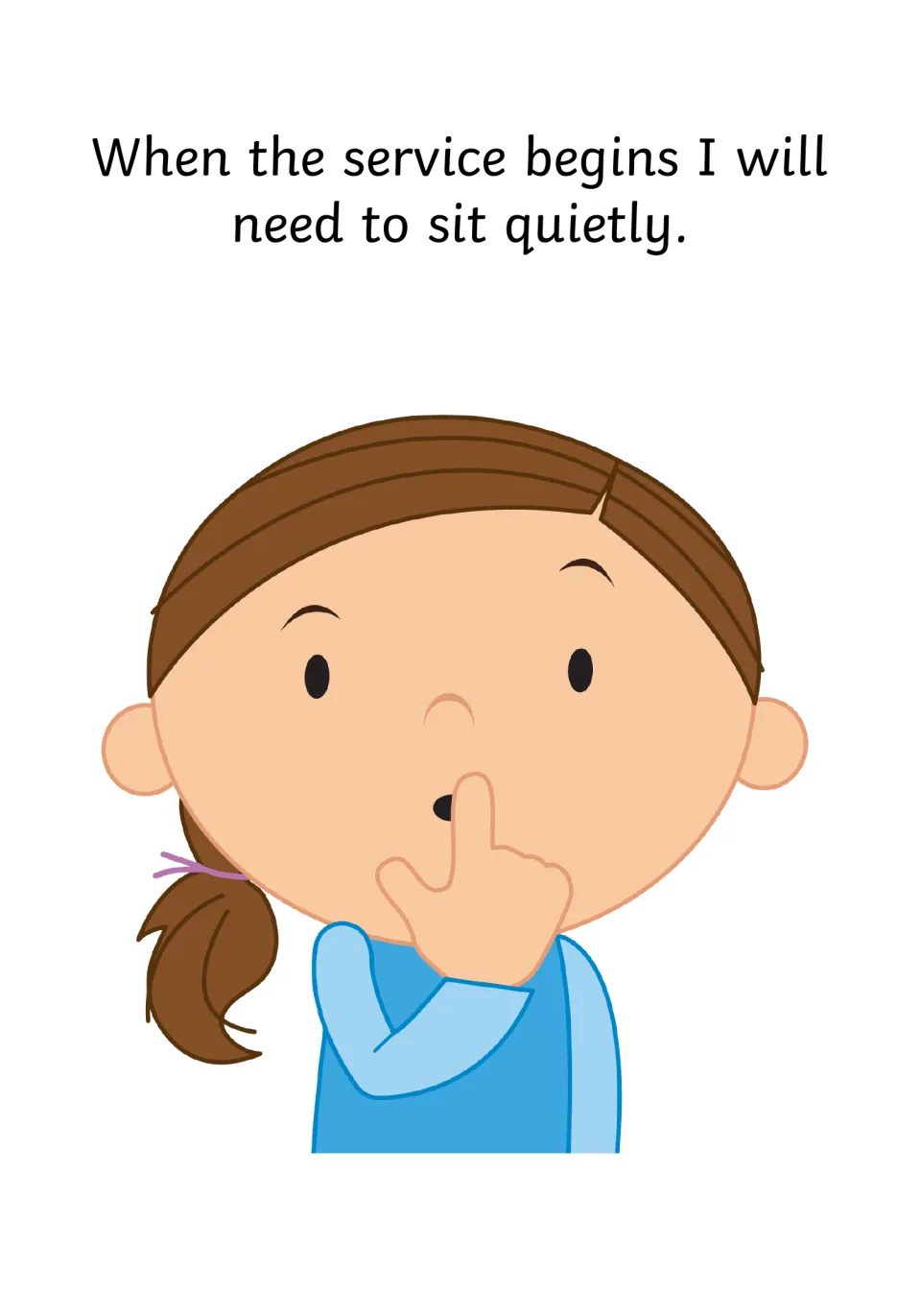 Story page reading When the service begins I will need to sit quietly, with a girl holding a finger to her lips