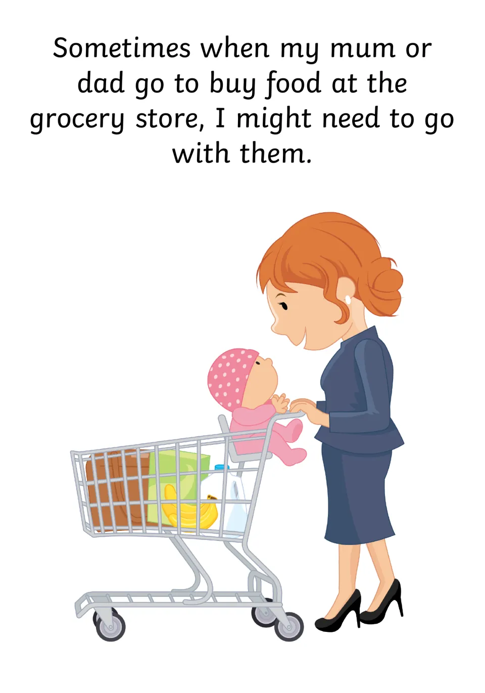 Social story page: sometimes I go with mum or dad to buy food, with a mother pushing a baby in a shopping cart