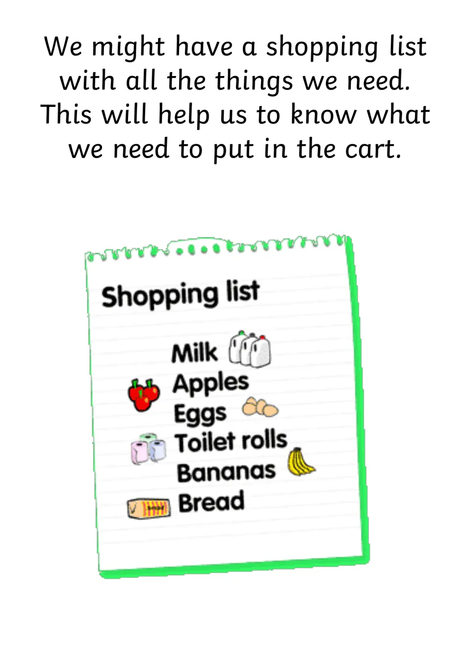 Using a shopping list: story page showing a list of milk, apples, eggs, toilet rolls, bananas and bread