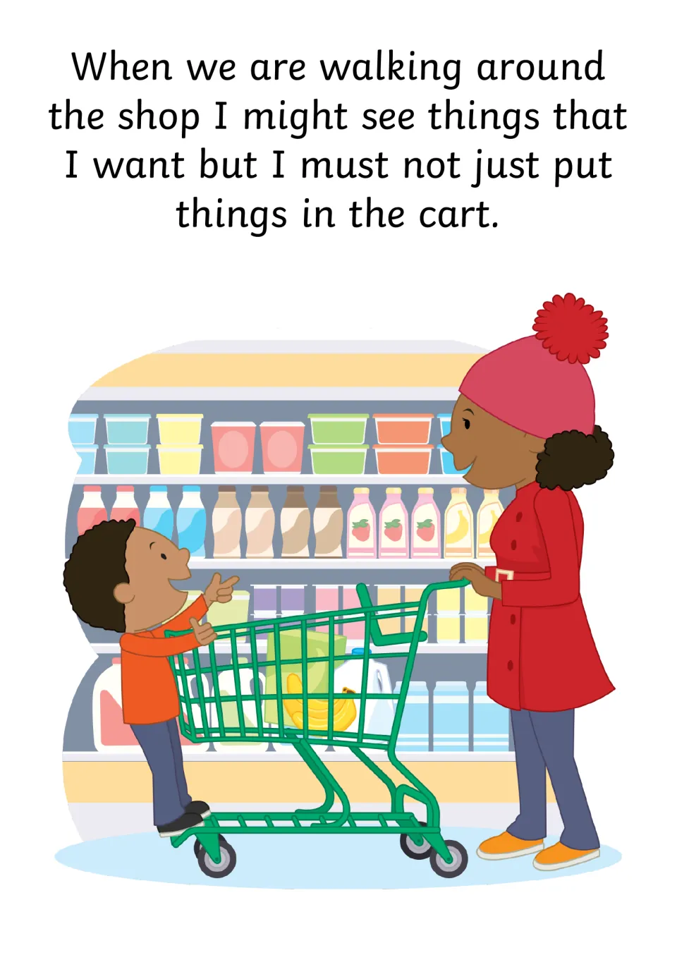 Store expectations: I might see things I want but must not just put them in the cart; a boy points at a shelf