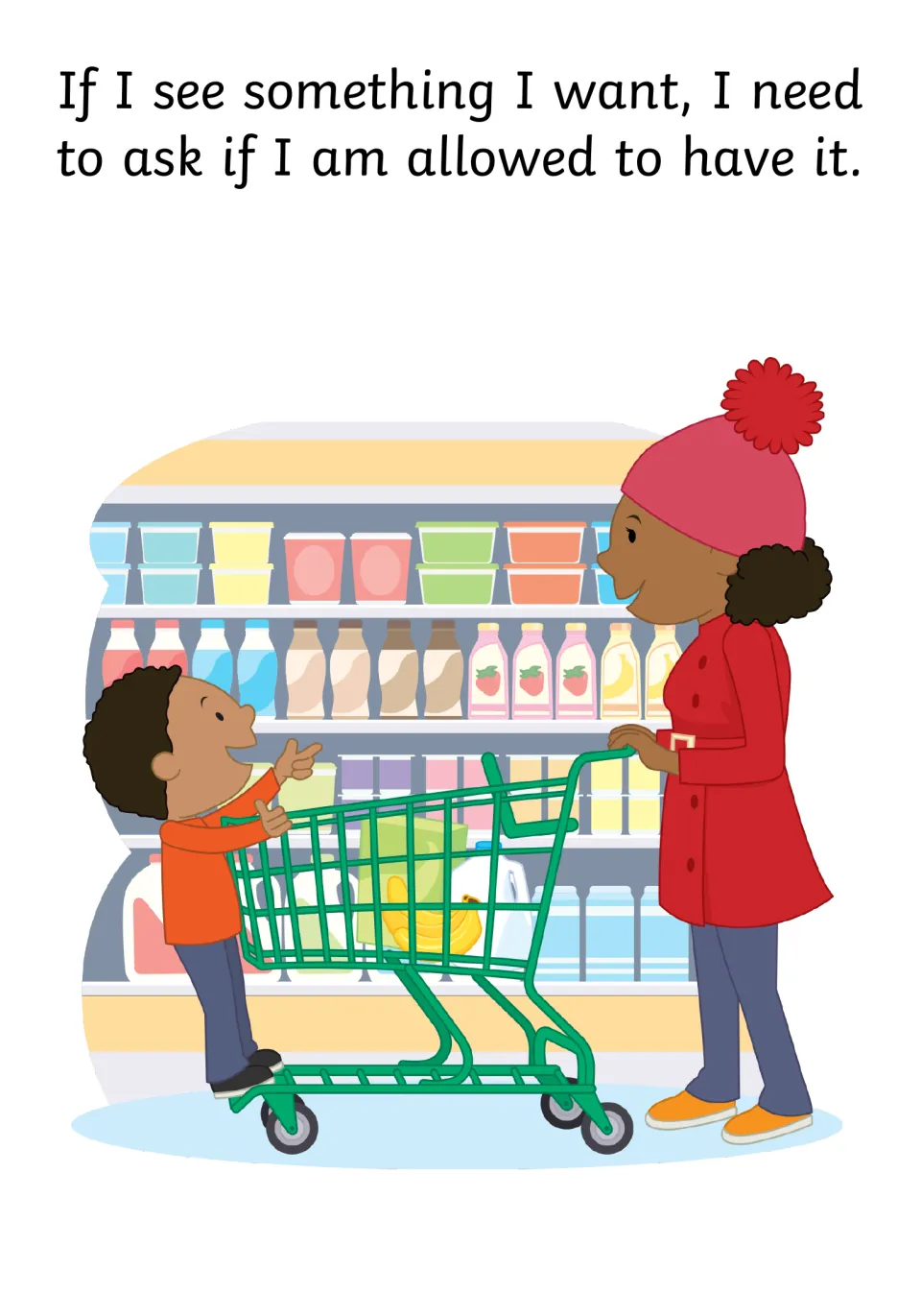 Asking permission: if I see something I want, I ask if I am allowed; a boy points at a shelf while mum listens
