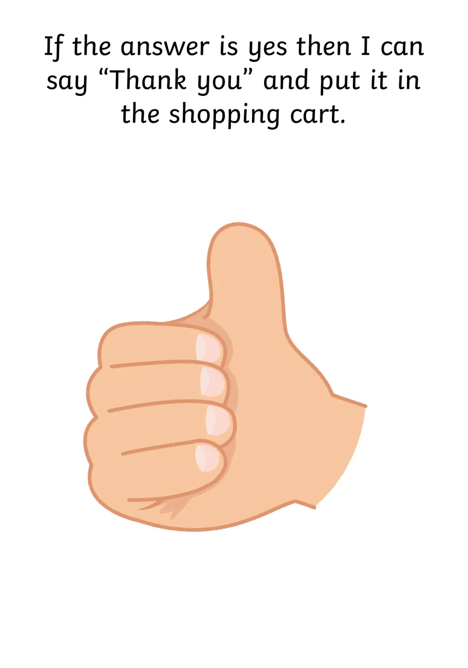Hearing yes: the story says I can say Thank you and put the item in the cart, shown with a thumbs-up hand
