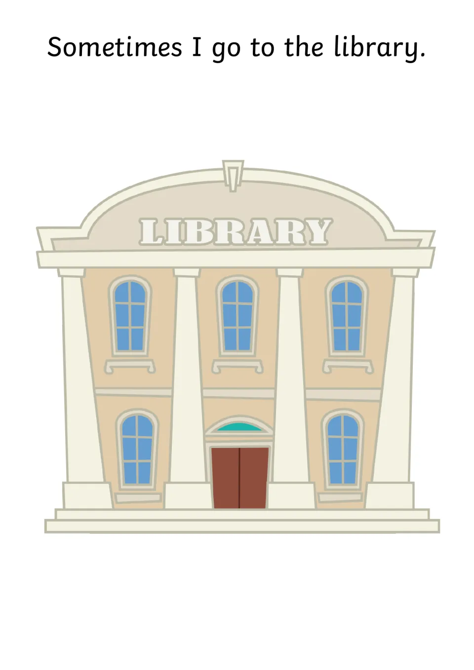 Opening story page introduces visiting the library with 'Sometimes I go to the library' and a library building