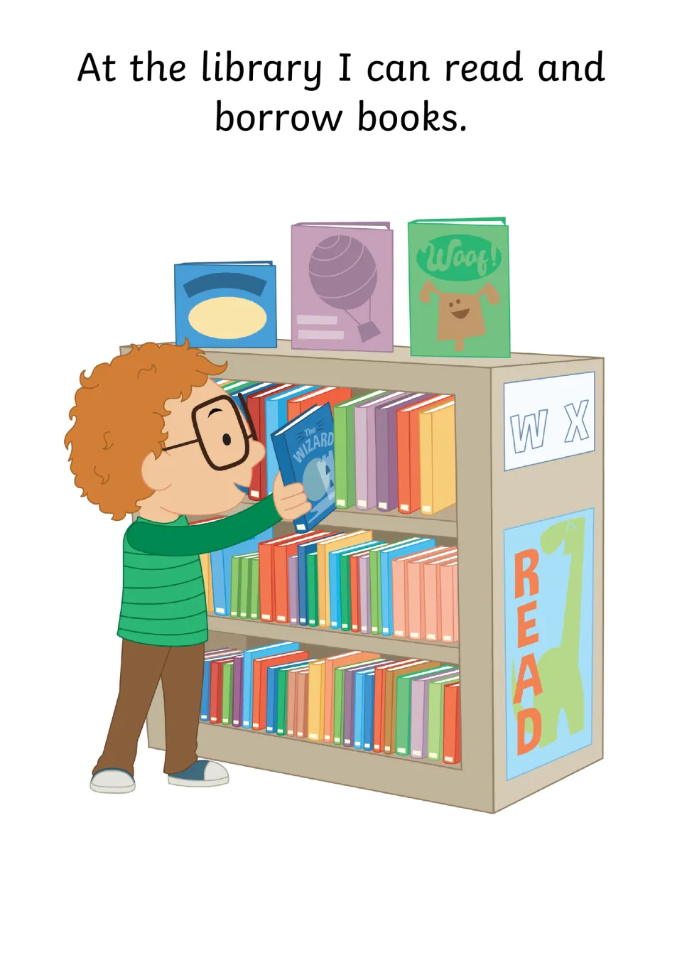 Story page explains 'At the library I can read and borrow books,' illustrated by a child choosing a book