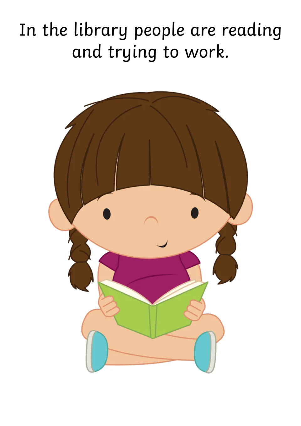 Story page explains that people in the library are reading and trying to work, showing a child reading
