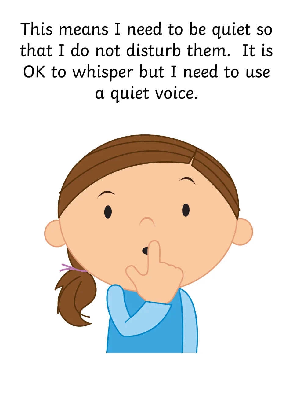 Story page explains using a quiet voice to avoid disturbing others and says it is OK to whisper