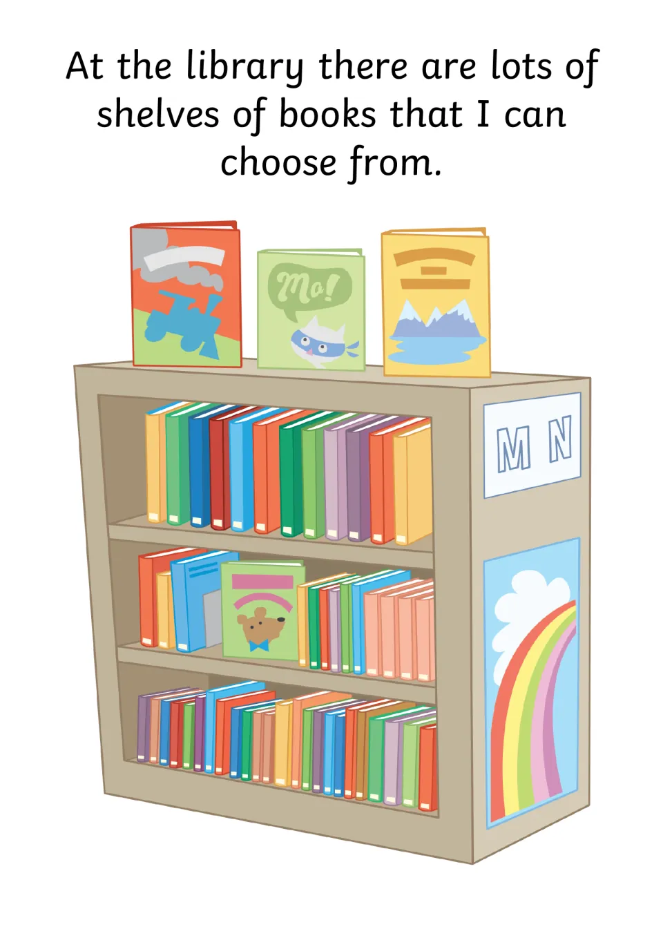 Story page describes choosing from lots of shelves of library books, illustrated by a full bookshelf