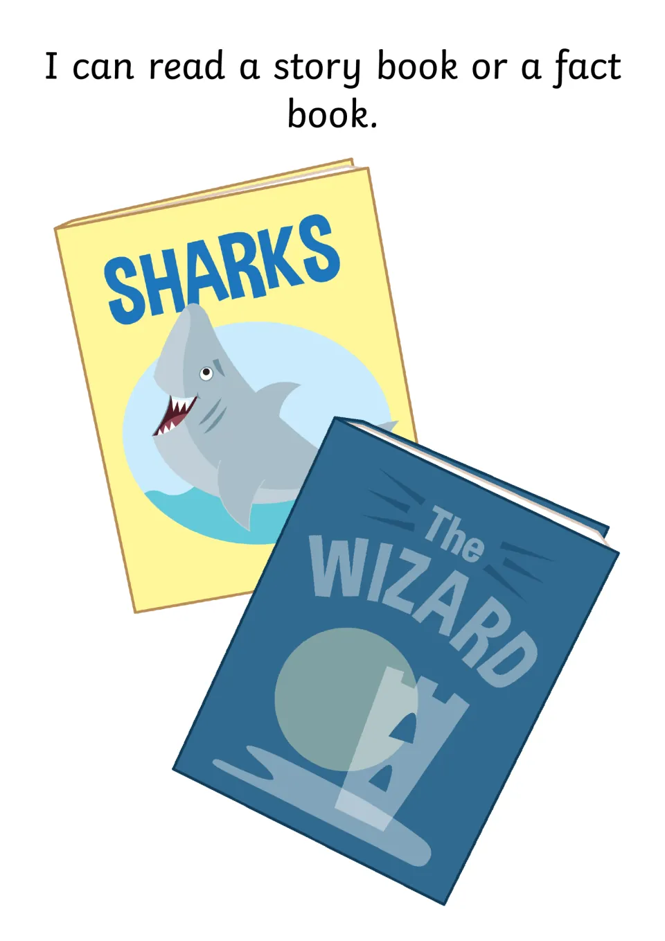 Story page introduces choosing a story book or a fact book, illustrated by books about a wizard and sharks