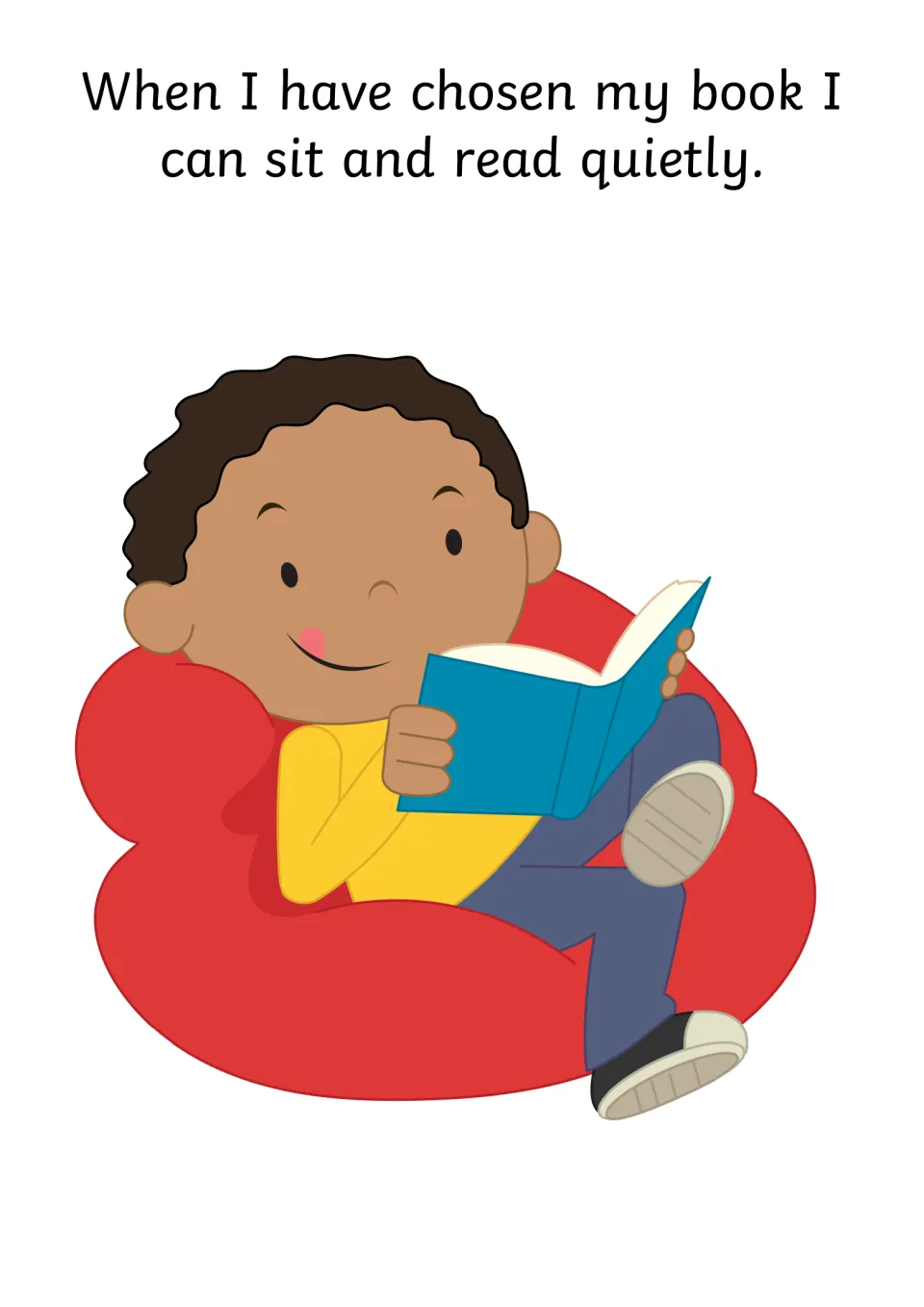 Story page explains sitting and reading quietly after choosing a book, showing a child reading in a chair
