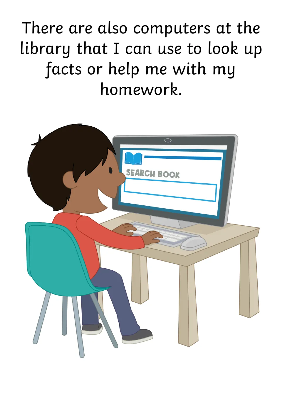 Story page introduces library computers for looking up facts or helping with homework, showing a child at a screen
