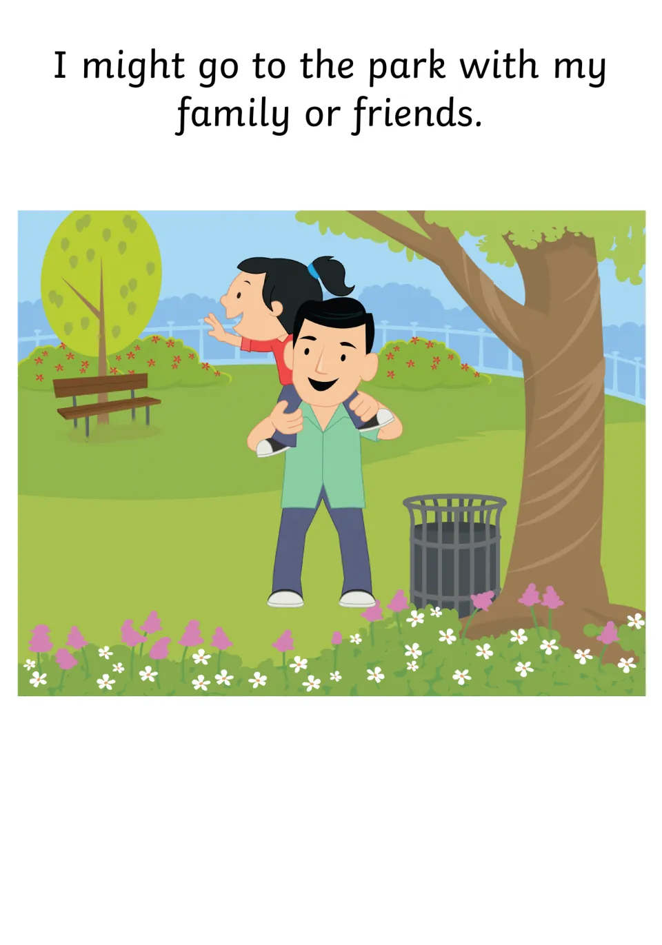 Park social story page: "I might go to the park with my family or friends" with a man carrying a child on his shoulders