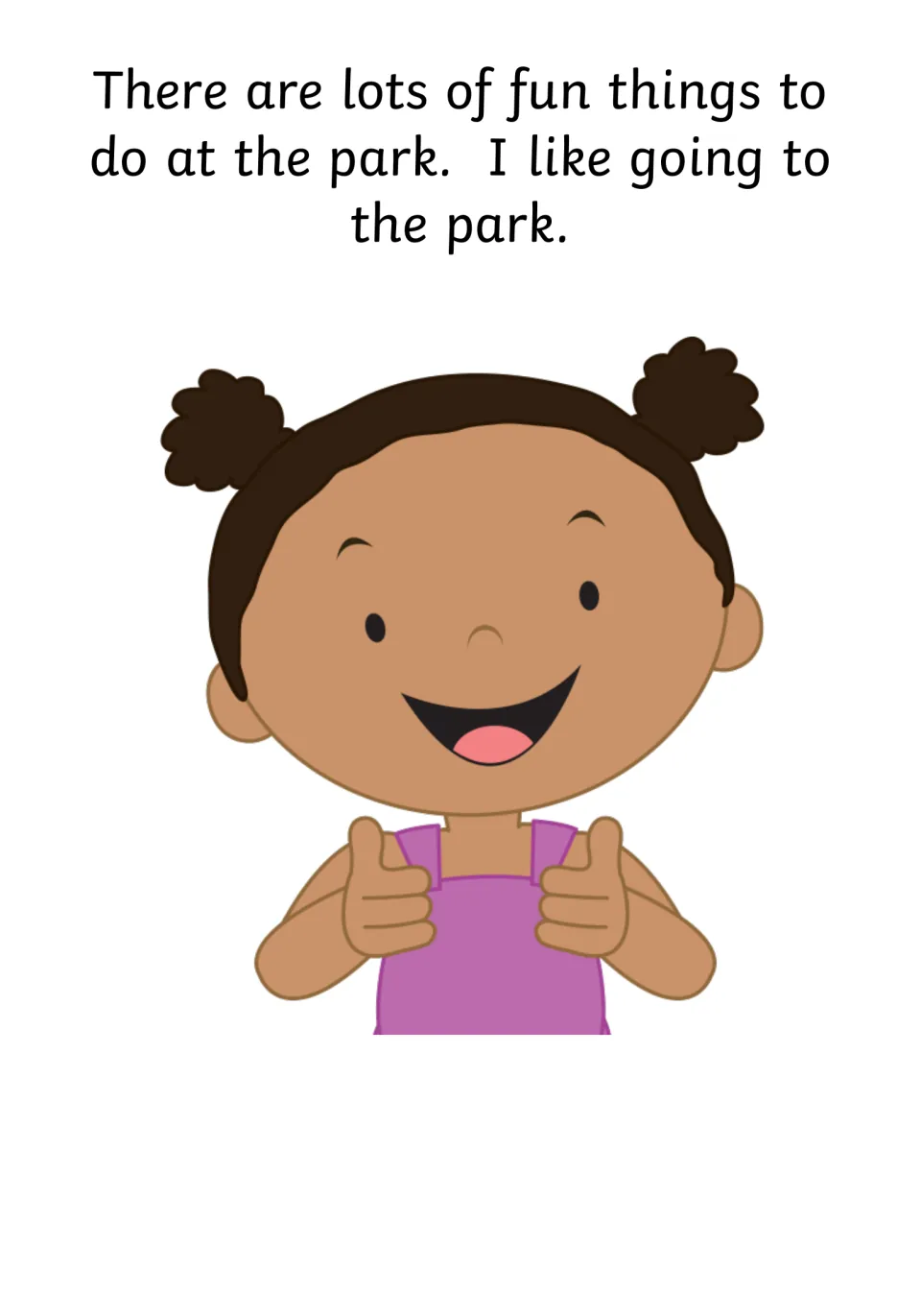 Social story page on enjoying the park: "There are lots of fun things to do" with a smiling girl giving two thumbs up