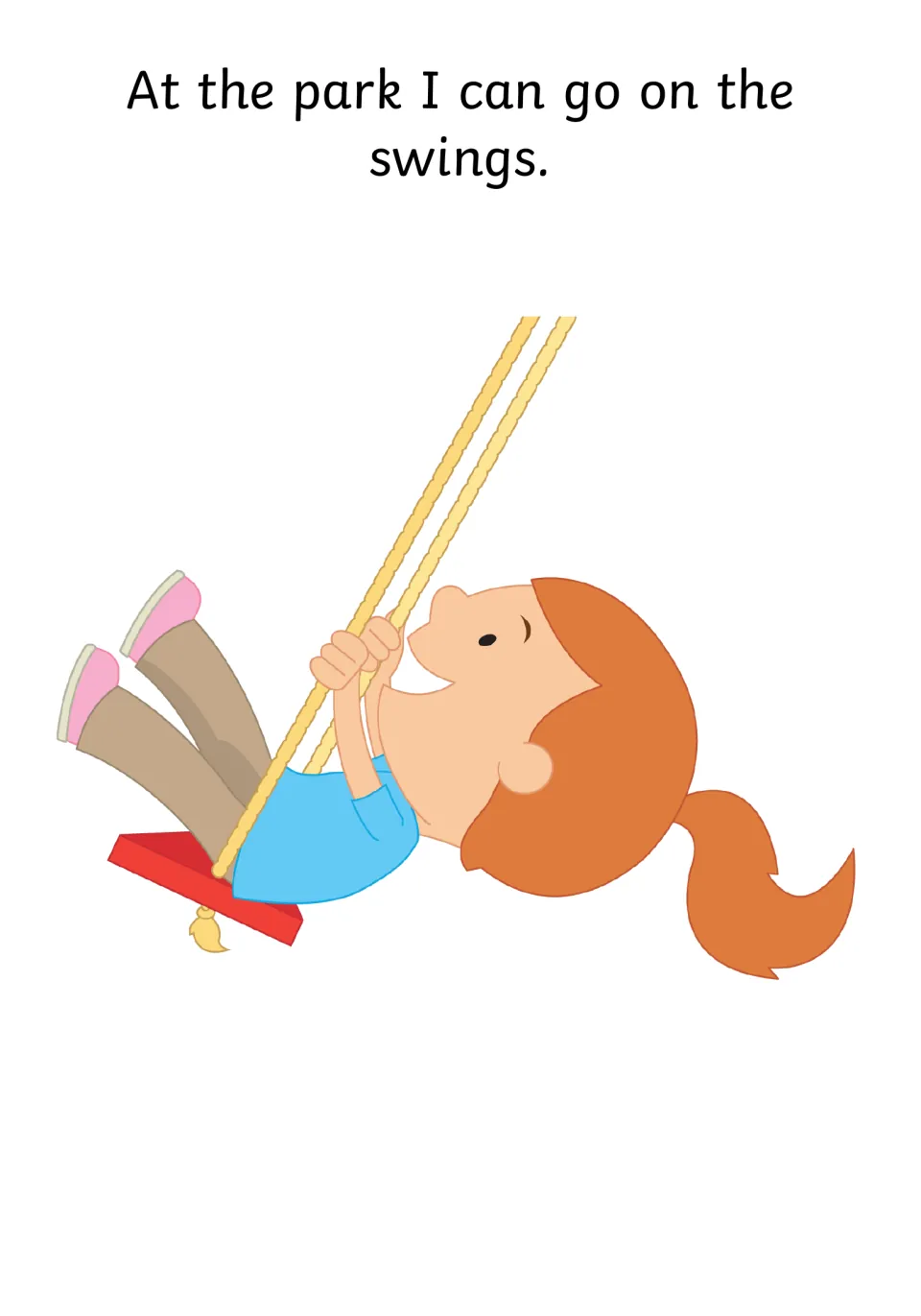 Playground social story: "At the park I can go on the swings" with a girl swinging high on a red rope swing seat