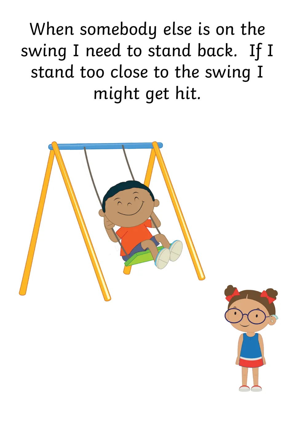 Swing safety: text says to stand back when somebody else is on the swing or you might get hit; a girl waits at a distance
