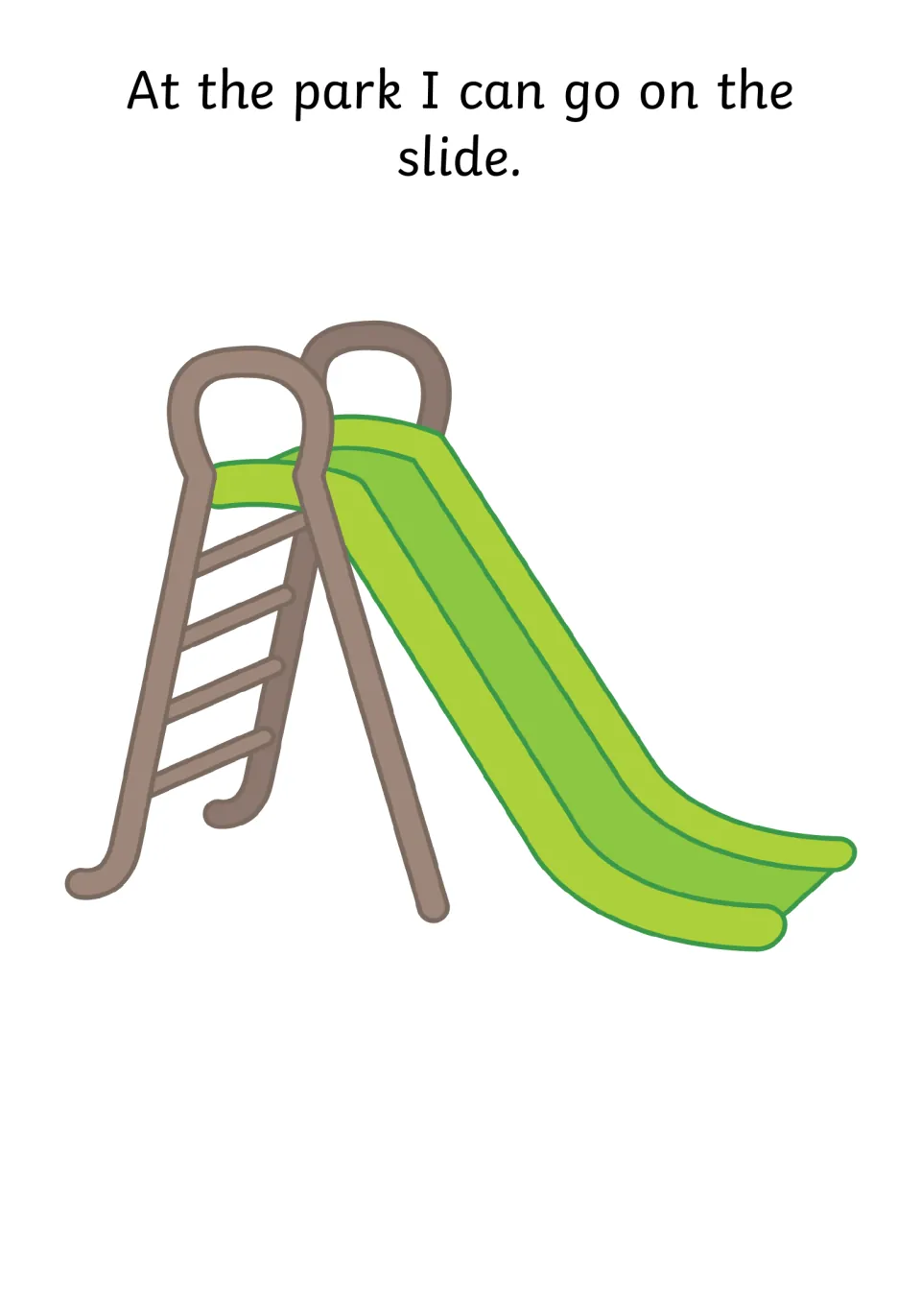 Playground social story: "At the park I can go on the slide" illustrated with a green slide and its brown ladder