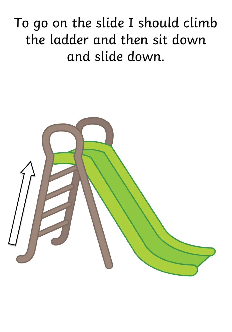 Slide routine: climb the ladder, then sit down and slide down, with an arrow pointing up the ladder of a green slide