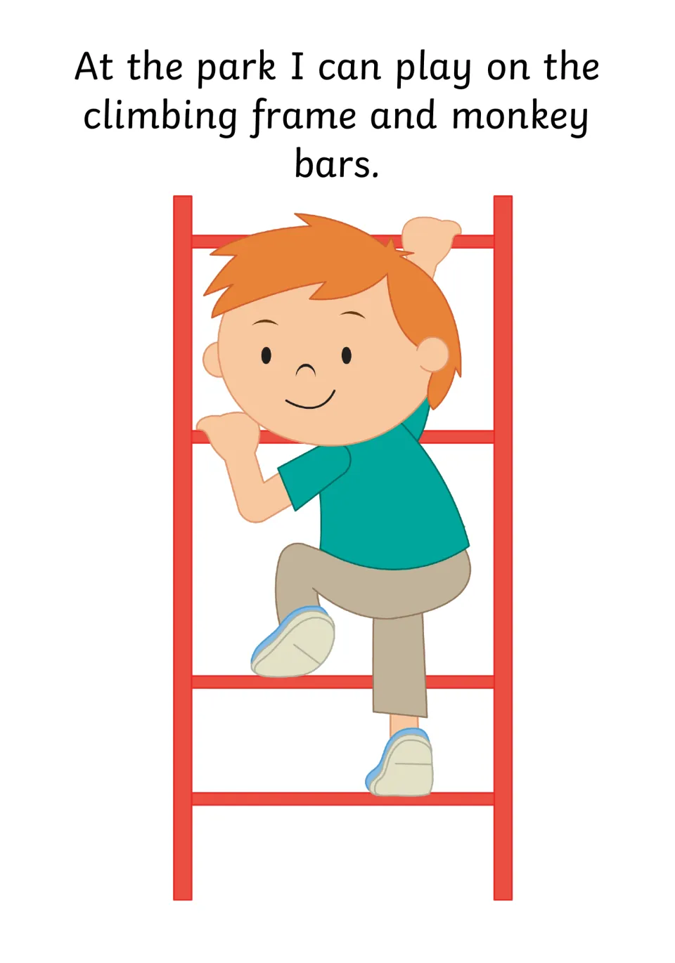 Playground social story: "At the park I can play on the climbing frame and monkey bars" with a boy climbing red bars