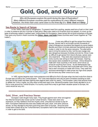 Gold, God, and Glory: Reasons for Exploration | Comprehension Worksheet – cover