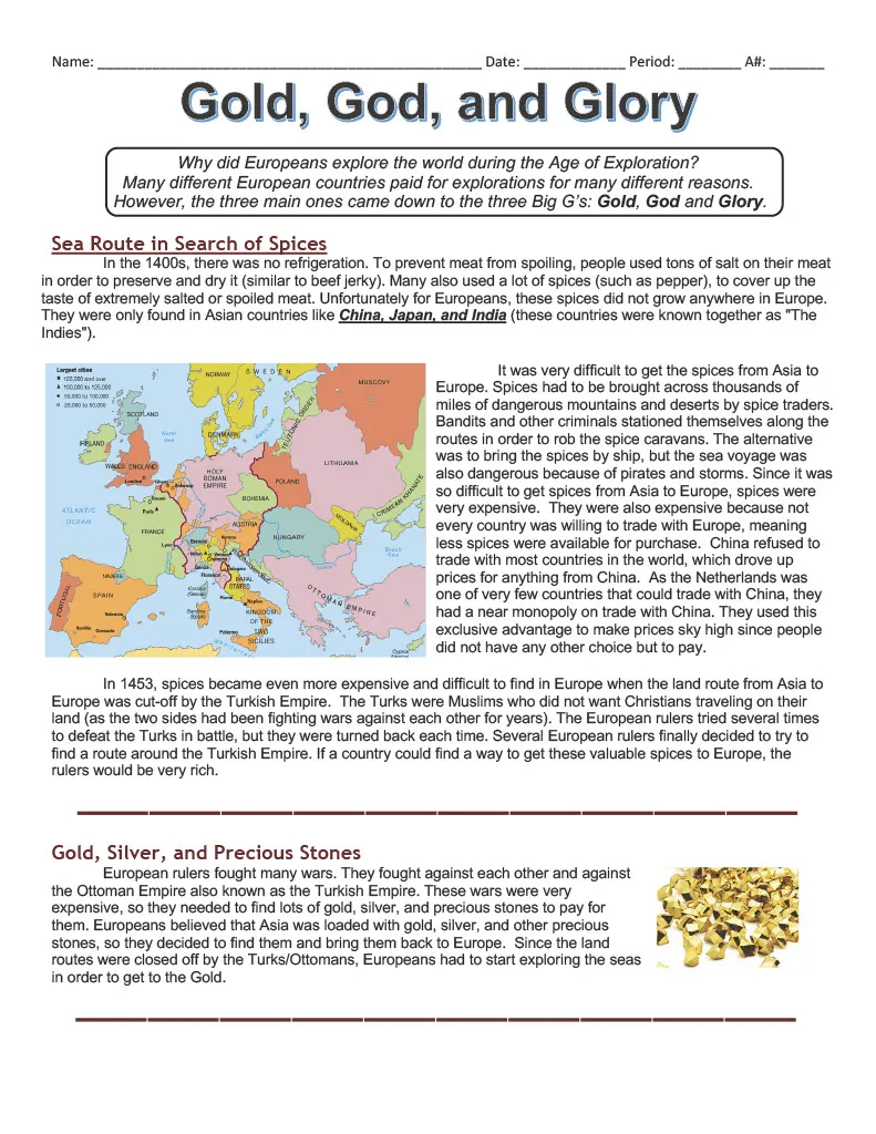 Gold, God, and Glory: Reasons for Exploration | Comprehension Worksheet – cover