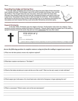 Gold, God, and Glory: Reasons for Exploration | Comprehension Worksheet – preview