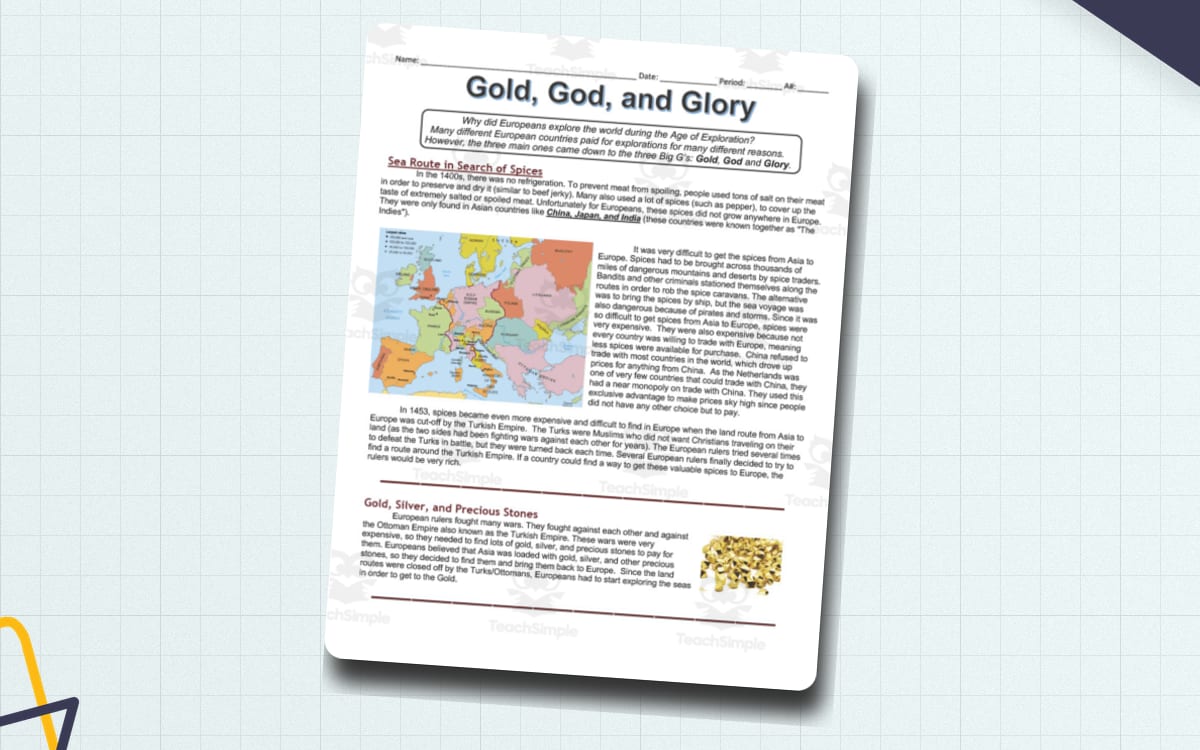 Gold, God, and Glory: Reasons for Exploration | Comprehension Worksheet preview