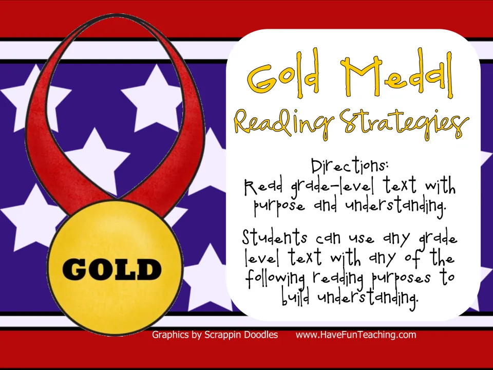 Gold Medal Reading Strategies cover with directions to read any grade-level text with purpose, beside a gold medal