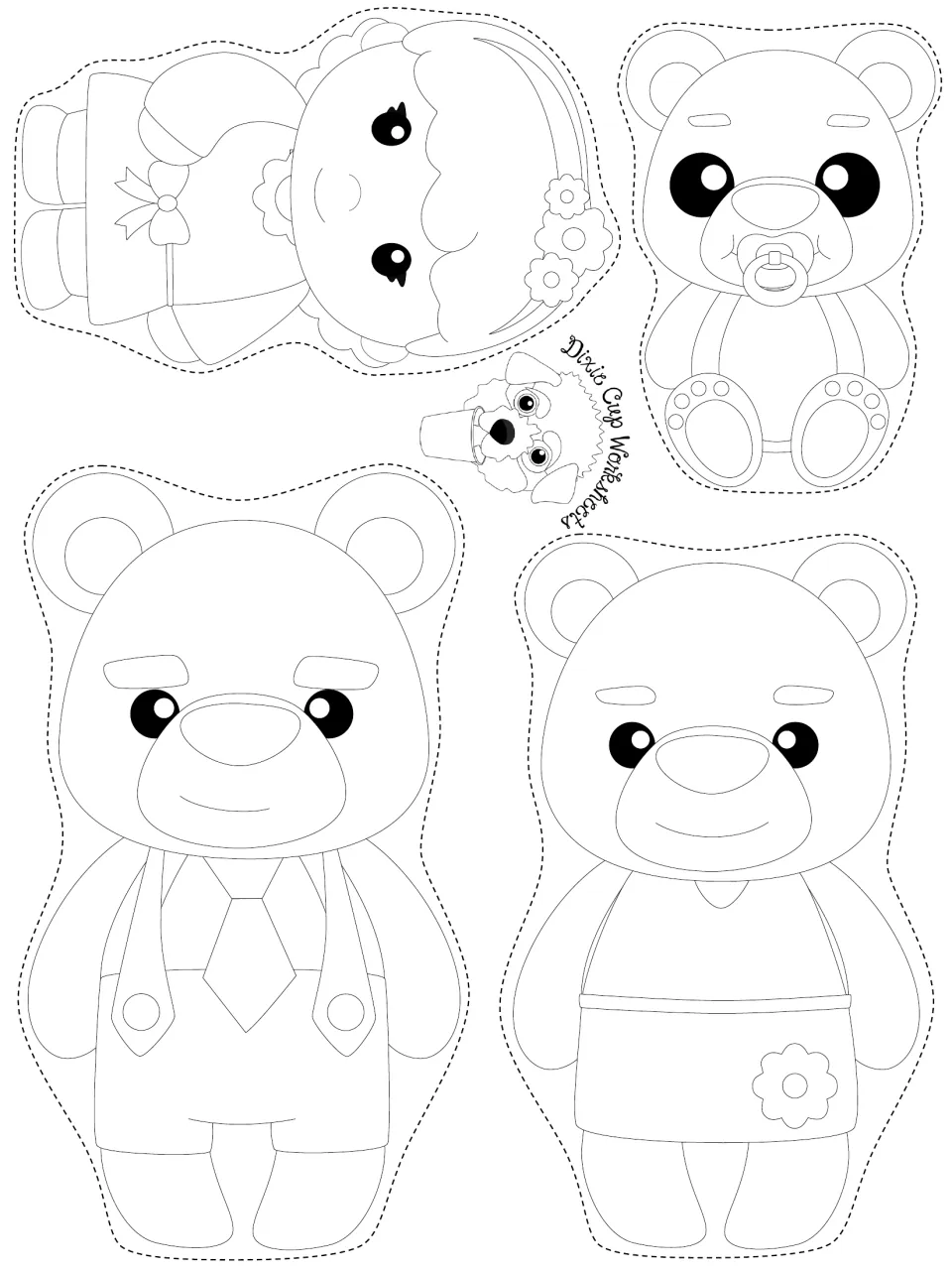 Retelling cut-outs to color: Goldilocks with flowers in her hair, Papa in a tie, Mama in an apron, Baby with a pacifier